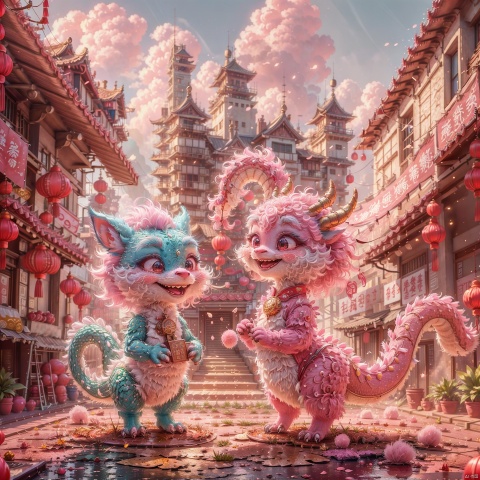  (Masterpiece:1.5),(Best Quality:1.5),High Resolution,Highly Detailed,(Low Contrast:1.1),Full body photo,.official art,Pixar animation style,Chinese NewYear, pink background, made of marshmallow material, abig blue and pink Chinese dragon with a big smile, its taiis like a cloud, it has a colorful cloud on its head, standing next to it is a super cute little girl wearing traditional Chinese clothing, strong light effect,|key visual| intricate| highly detailed| breathtaking beauty| digital lineart| vibrant|, Cyberpunk Concept