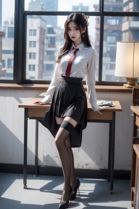  1girl, solo, long hair, breasts, looking at viewer, bangs, skirt, shirt, black hair, thighhighs, long sleeves, brown eyes, school uniform, standing, full body, white shirt, pleated skirt, necktie, collared shirt, black thighhighs, indoors, black skirt, black footwear, high heels, zettai ryouiki, window, chair, desk, high-waist skirt, shirt tucked in, classroom, school desk, chalkboard, realistic, , lihanyi, yue , hair ornament , hanfu, yunyun,wings,pencil_skirt,yellow_footwear,high_heels,long_hair,black_hair