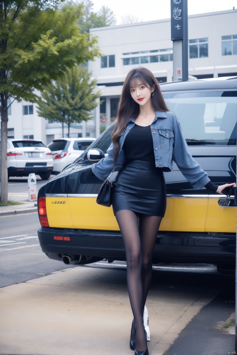  1girl,(huge breasts:1.3, long legs), solo, long_hair, looking_at_viewer, smile, skirt, brown_hair, shirt, black_hair, long_sleeves, brown_eyes, standing, jacket, full_body, pantyhose, outdoors, bag, black_footwear, high_heels, tree, lips, black_shirt, white_skirt, blue_jacket, ground_vehicle, motor_vehicle, pencil_skirt, brown_pantyhose, handbag, shoulder_bag, realistic, car, see-through_legwear,moyou,handbag,skirt,yellow_footwear,high_heels, wangyushan