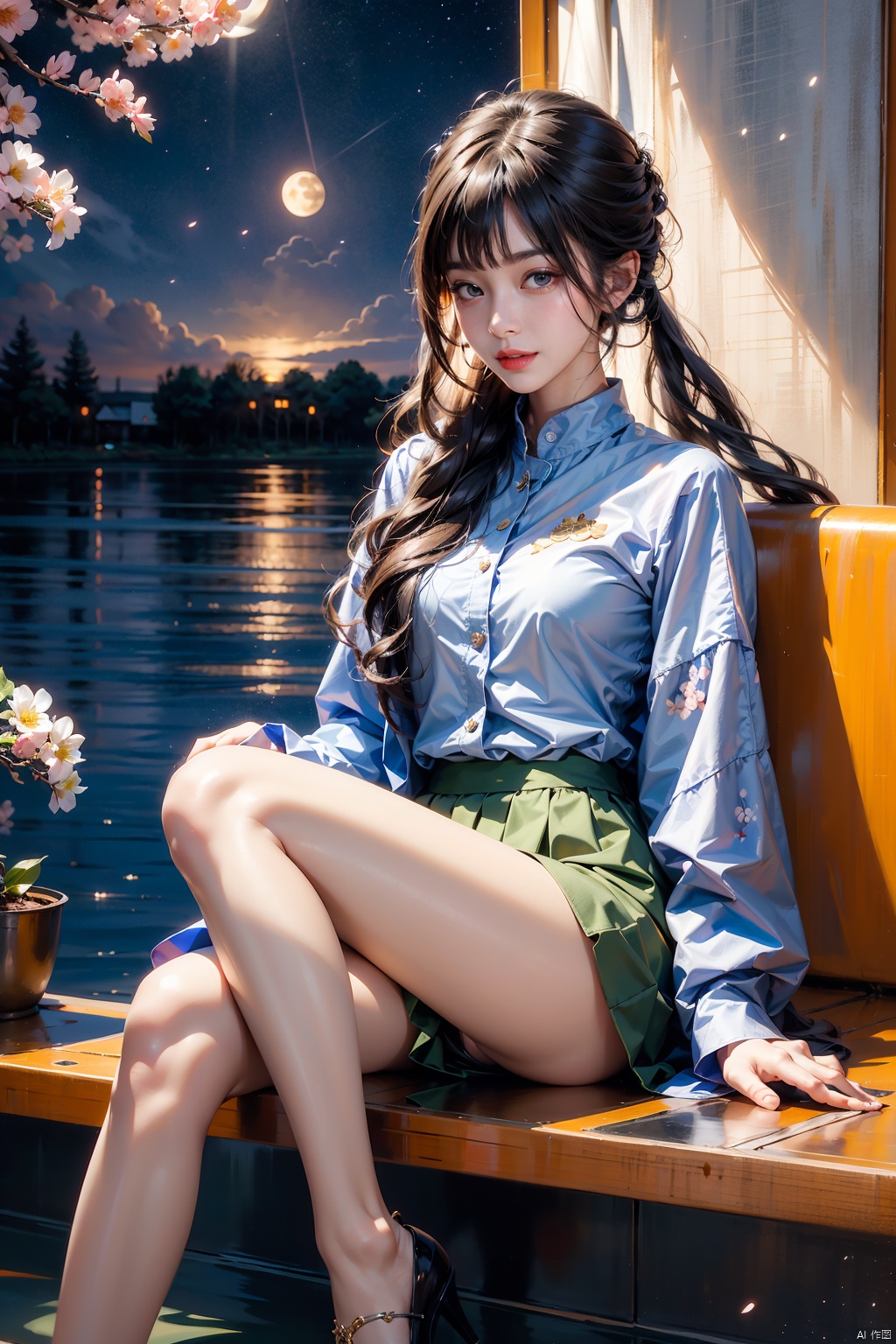  A young girl lying comfortably on a boat, looking up at the starry night sky filled with colorful flowers surrounding the boat, reflecting the bright moon on the lake surface, distant cherry blossom scenery in the background, medium and long distance view, deep depth of field, detailed details. High resolution image, vivid colors, dreamy atmosphere, romantic scene, beautiful night sky, blooming flowers, reflection of the moon on the lake, distant cherry blossoms, serene environment, peaceful mood, starry sky, flower decoration, boat ride, comfortable position, young girl's innocence, tranquility., eluosi, blackpantyhose, qiqiu, 1girl,police,yellow_footwear,pencil_skirt,skirt_lift