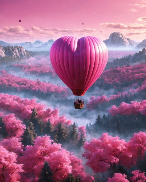 Masterpiece, best quality, stunning details, realistic (pink scene), pink forest, pink sky, pink heart-shaped hot air balloon, a couple kissing on the hot air balloon, excellent composition,