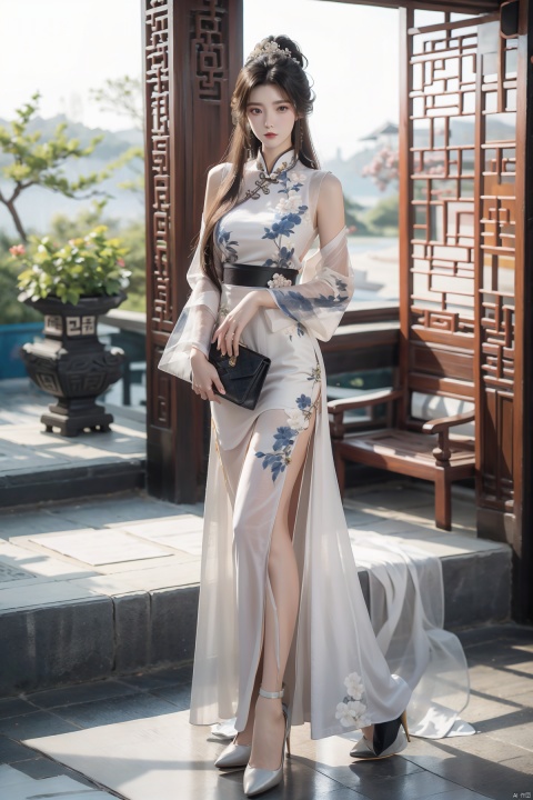  masterpiece, The best quality, 1girl, luxurious wedding dress, dreamy scene, white background, front viewer, looking at viewer, Flowers, romantic, Bride, Translucent white turban, UHD, 16k, , sparkling dress, yunbin, full_body, white stockings, wangyushan, Liu Yifei, chinese dress,white dress,
chinese clothes,dress,white dress,floral print,china dress,blue dress,hanfu,long sleeves,print dress,robe,skirt,sleeveless dress,widesleeves,yellow_footwear,high_heels,handbag