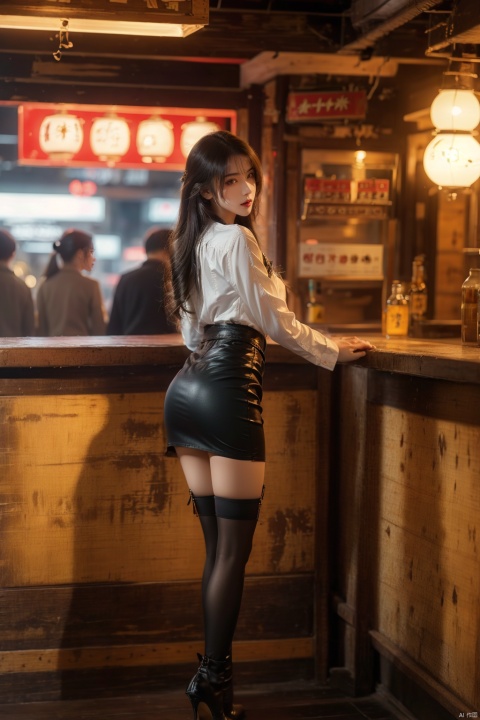  (upper thighs shot:1.3), (cowboy shot:1.3),1girl,solo,long hair,depth of field,blurry background,bar (place),neon lights,fanhuaZ,,(full body:1.1),, (high quality), best quality, (4k), 8k, super detailed, (full detail), (masterpiece), (realistic), super detailed,(Exquisite details) ,intricate, 1girl, pencil_skirt, long_legs,police,pencil_skirt,high_heels,thighhighs