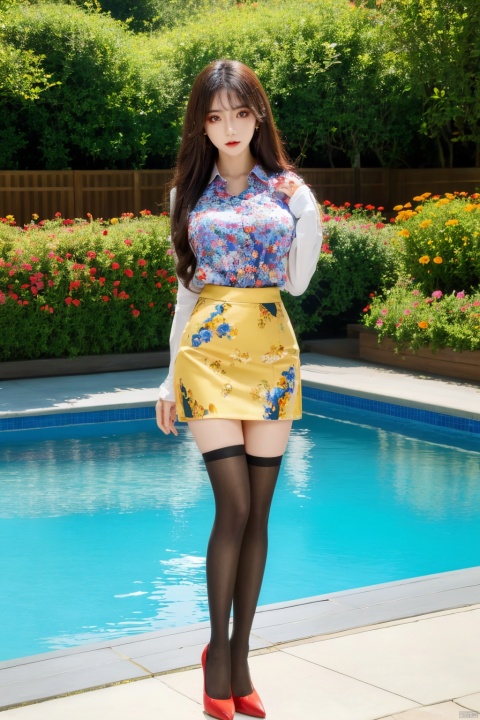  masterpiece,best quality,extremelydetailed,1girls,fair_skin,long hair,big breasts,floral shirt,pencil skirt,long legs,(thighhighs),(red_high_heels),full body,poolside,flowers,looking_at_viewer,(standing),