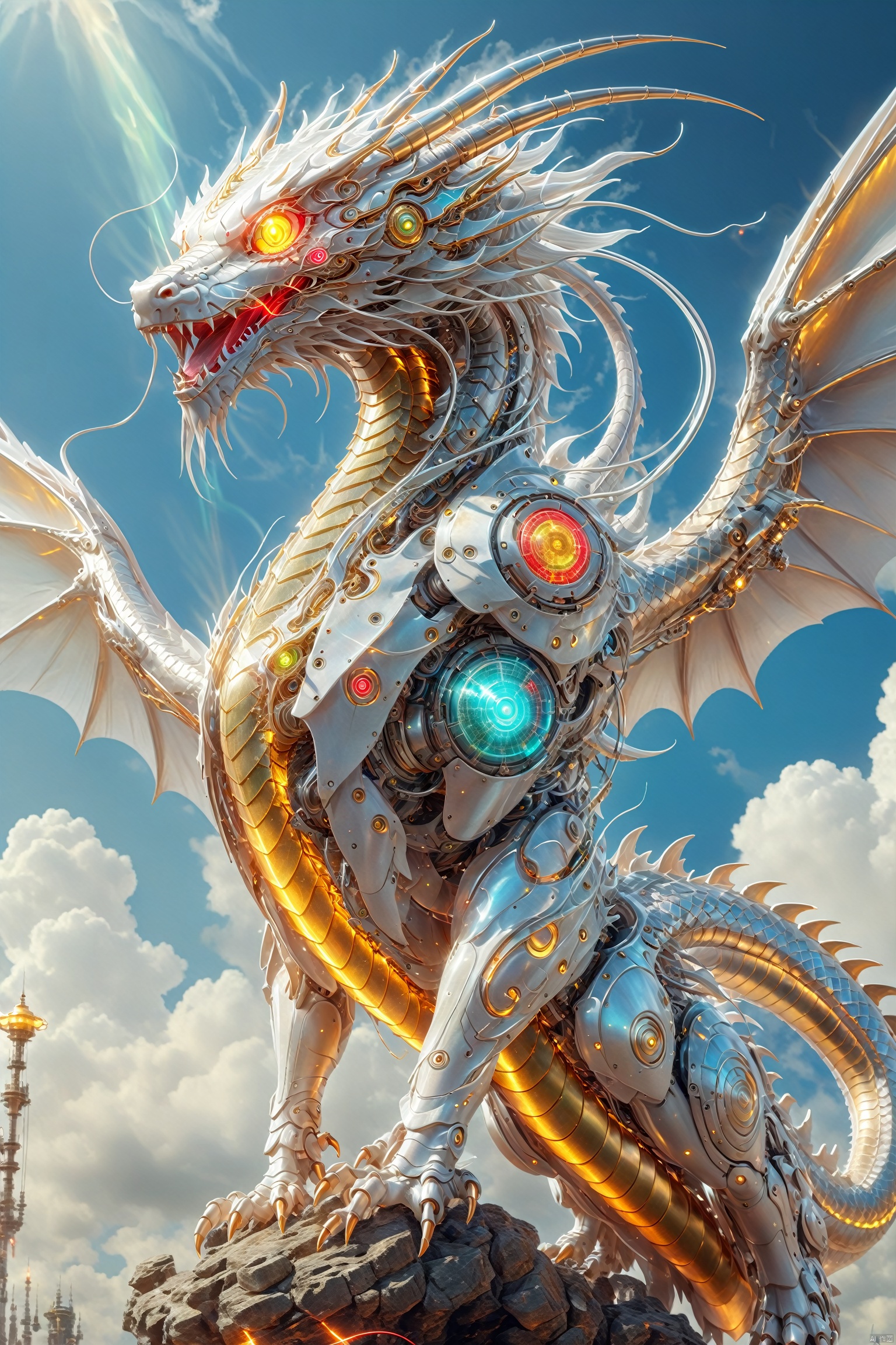  A huge cyberpunk style dragon is flying in the sky, its body made of metal and machinery, shining with golden light. Its wings spread out, as if flying in the clouds. The dragon's eyes emit a laser, giving people a mysterious and powerful feeling. High definition, clear and realistic painting art