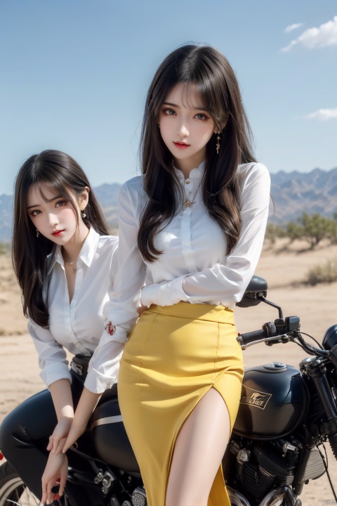  (2_girls::1.7),twins,kind smile, ((close-up)),Masterpiece,best quality,Highest picture quality,ultra-detailed,top quality,two girls driving a motorcycle,bare long leg,desert background, yhmotorbike,moyou,wangyushan, ((poakl)), 1girl,high_heels,yellow_footwear,long_hair,black_hair,pencil_skirt