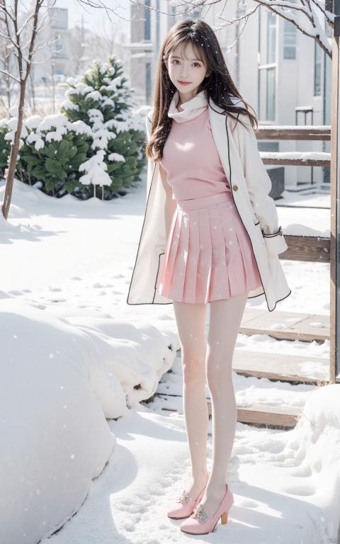  1 girl,Transparent skirt,pink face,stockings,(snow:1.2),(snowing:1.2),peach blossom,snow,solo,scarf,pink hair,smile,long hair,bokeh,realistic,long coat,blurry, captivating gaze, embellished clothing, natural light, shallow depth of field, romantic setting, dreamy pastel color palette, whimsical details, captured on film,. (Original Photo, Best Quality), (Realistic, Photorealistic: 1.3), Clean, Masterpiece, Fine Detail, Masterpiece, Ultra Detailed, High Resolution, (Best Illustration), (Best Shadows), Complex, Bright light, modern clothing, (pastoral: 1.3), smiling,standing,(very very short skirt:1.5),knee socks,(white shoes: 1.4),long legs, forest, grassland,(view: 1.3), 21yo girl, striped, wangyushan, capricornus, 1girl, light master,high_heels,yellow_footwear,underwear,thighhighs
