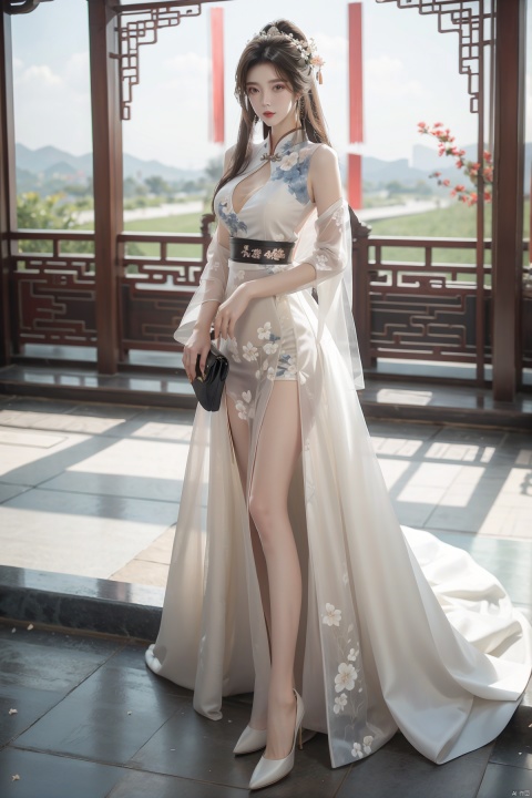  masterpiece, The best quality, 1girl, luxurious wedding dress, dreamy scene, white background, front viewer, looking at viewer, Flowers, romantic, Bride, Translucent white turban, UHD, 16k, , sparkling dress, yunbin, full_body, white stockings, wangyushan, Liu Yifei, chinese dress,white dress,
chinese clothes,dress,white dress,floral print,china dress,blue dress,hanfu,long sleeves,print dress,robe,skirt,sleeveless dress,widesleeves,yellow_footwear,high_heels,handbag