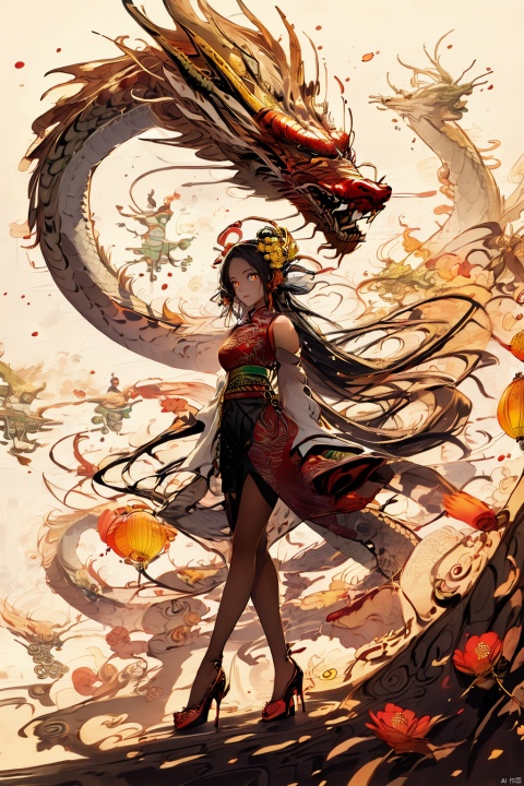  Chinese dragon, (peeks out), soaring in the sky, 1 girl,white hair,white pantyhose,long and majestic dragon body, highest quality, masterpiece, epic beauty,Outdoor, (Macaron color :1.2), Ancient Chinese architecture, Tower Pavilion, Terrace, Flying in the Sky, Majestic, Dreamlike style, Chinese Architecture, Sunset, cloud tops, verdant, peach blossoms, textured skin, Super detail, best quality, visual art, God beast, ink paniting, white pantyhose, 1girl,high_heels,yellow_footwear,pencil_skirt,white_footwear