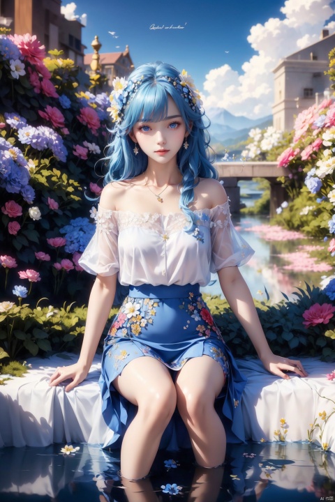  best quality, masterpiece, illustration, (reflection light), incredibly absurdres, (Movie Poster), (signature:1.3), (English text:1.3), 1girl, girl middle of flower, pure skyblue hair, red eyes, clear sky, outside, collarbone, loli, sitting, absurdly long hair, clear boundaries of the cloth, white dress, fantastic scenery, ground of flowers, thousand of flowers, colorful flowers, flowers around her, various flowers,
, xiqing,police,pantyhose,pencil_skirt