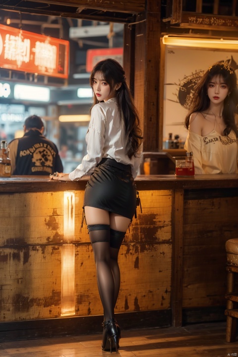  (upper thighs shot:1.3), (cowboy shot:1.3),1girl,solo,long hair,depth of field,blurry background,bar (place),neon lights,fanhuaZ,,(full body:1.1),, (high quality), best quality, (4k), 8k, super detailed, (full detail), (masterpiece), (realistic), super detailed,(Exquisite details) ,intricate, 1girl, pencil_skirt, long_legs,police,pencil_skirt,high_heels,thighhighs