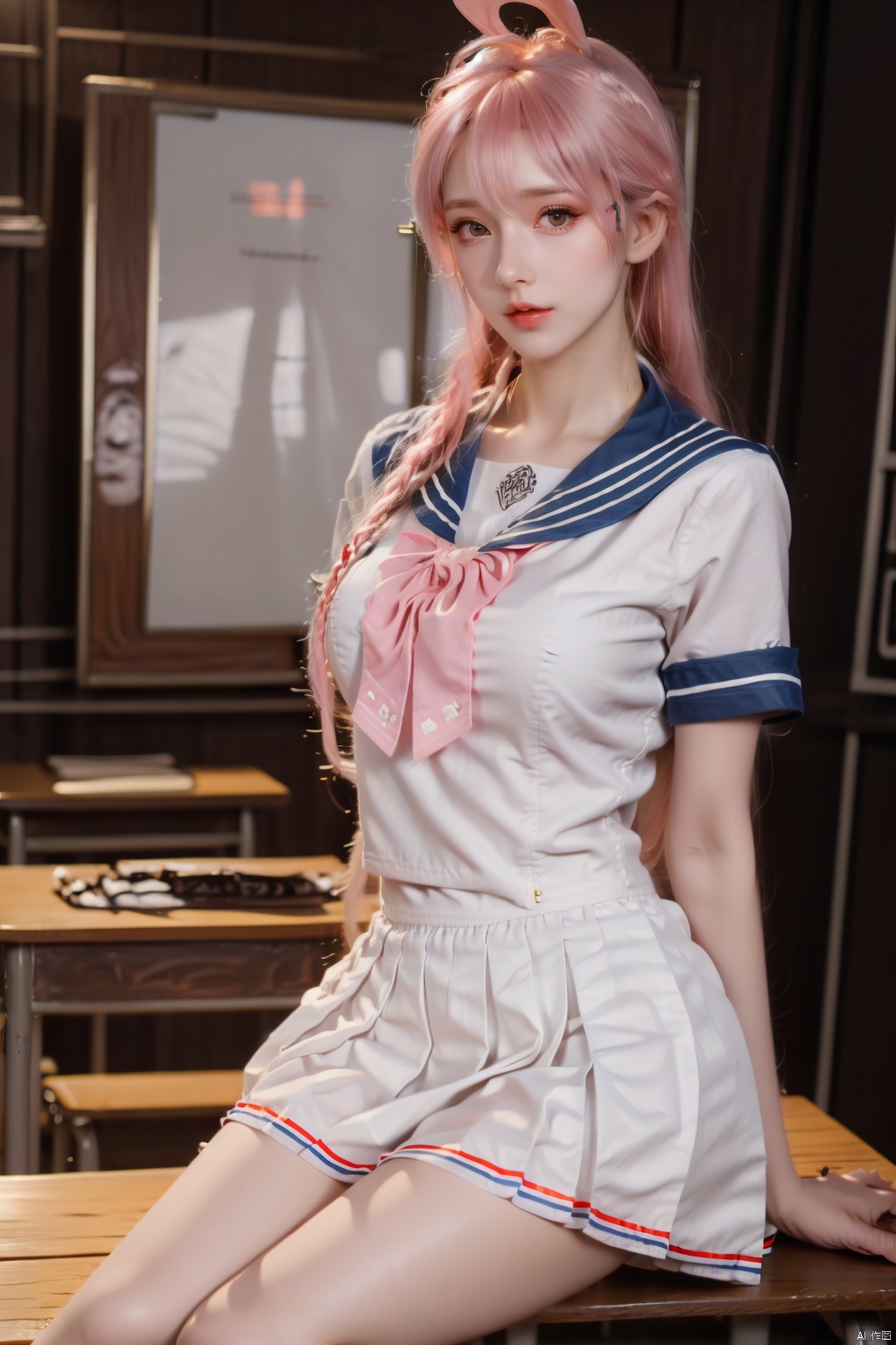  HZ,1girl,solo,pink hair,braid,halo,skirt,cosplay,kneehighs,sailor collar,school uniform,twin braids,long hair,black footwear,looking at viewer,v,serafuku,white skirt,pleated skirt,realistic,shoes,
short sleeves,bow,blue sailor collar,hair between eyes,white serafuku,pink bow,
watch,indoors,desk,chair,bag,classroom,
bangs,
pink neckerchief,neckerchief,chalkboard,wooden floor,(raw photo:1.2),((photorealistic:1.4))best quality,masterpiece,illustration,an extremely delicate and beautiful,extremely detailed,CG,unity,8k wallpaper,Amazing,finely detail,masterpiece,best quality,official art,extremely detailed CG unity 8k wallpaper,absurdres,incredibly absurdres,huge filesize,ultra-detailed,highres,extremely detailed,beautiful detailed girl,cinematic lighting,1girl,pale skin,tall female,(perfect body shape),skinny body,Slender legs,, pale skin,tall man,long legs,thin leg, 1girl,yellow_footwear,black_hair,long_hair,high_heels,pencil_skirt,full_body