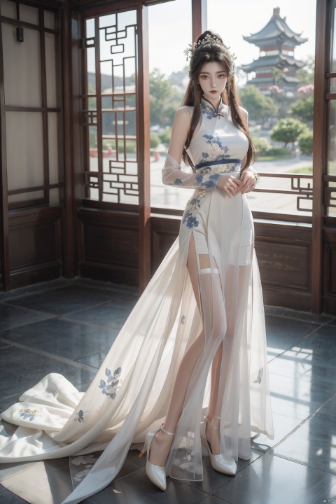  masterpiece, The best quality, 1girl, luxurious wedding dress, dreamy scene, white background, front viewer, looking at viewer, Flowers, romantic, Bride, Translucent white turban, UHD, 16k, , sparkling dress, yunbin, full_body, white stockings, wangyushan, Liu Yifei, chinese dress,white dress,
chinese clothes,dress,white dress,floral print,china dress,blue dress,hanfu,long sleeves,print dress,robe,skirt,sleeveless dress,widesleeves,yellow_footwear,high_heels,handbag