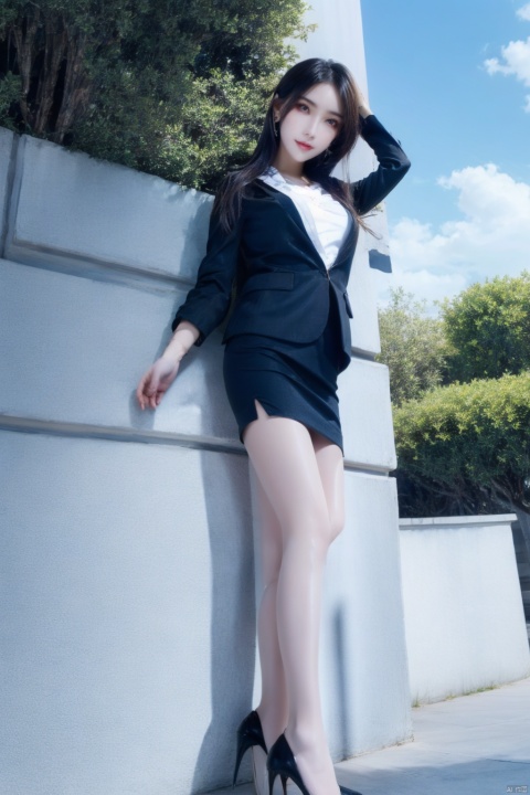  Fisheye perspective, looking from bottom to top, face looking towards the viewer,,1gril, smile,business attire, black suit jacket, white collared shirt, short skirt, pantyhose, high heels, serious expression, outdoor, blue sky and white clouds, trees, plants, focused eyes, high definition, 8k resolution, complex background, light makeup, Shoulder-length straight hair, minimalist jewelry, neat lines and clear details, and a powerful posture, showing a strong aura., hand101, tutututu,black_pantyhose, 1girl,high_heels,black_hair,pencil_skirt,yellow_footwear