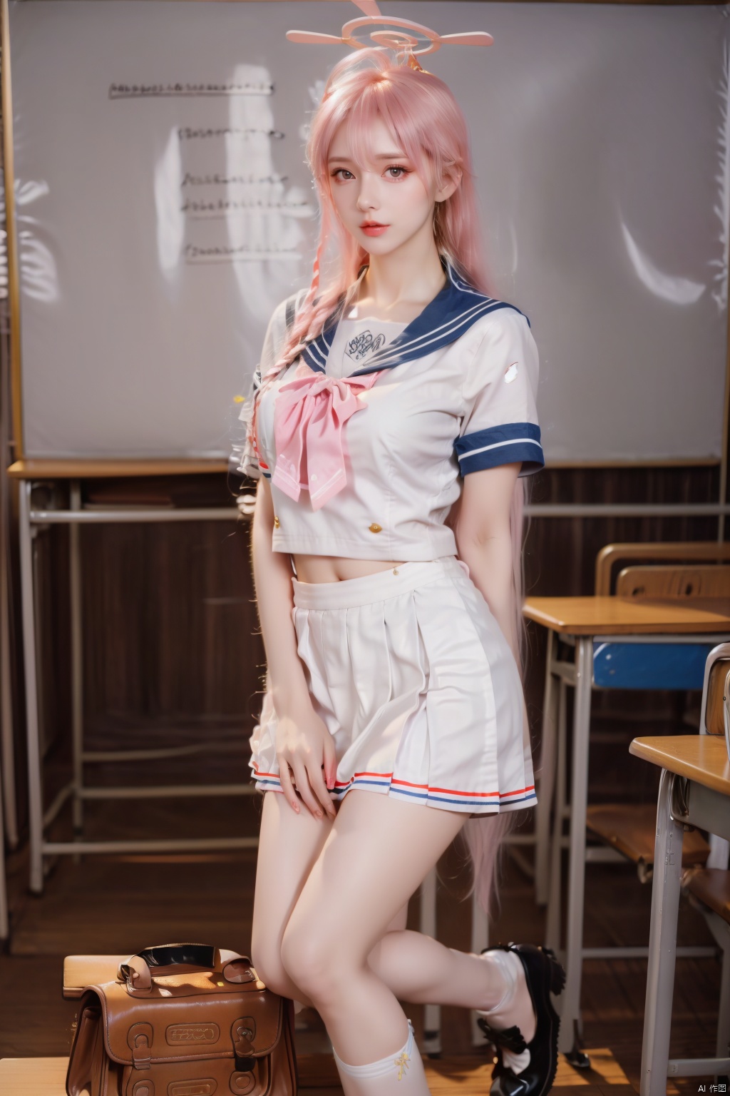  HZ,1girl,solo,pink hair,braid,halo,skirt,cosplay,kneehighs,sailor collar,school uniform,twin braids,long hair,black footwear,looking at viewer,v,serafuku,white skirt,pleated skirt,realistic,shoes,
short sleeves,bow,blue sailor collar,hair between eyes,white serafuku,pink bow,
watch,indoors,desk,chair,bag,classroom,
bangs,
pink neckerchief,neckerchief,chalkboard,wooden floor,(raw photo:1.2),((photorealistic:1.4))best quality,masterpiece,illustration,an extremely delicate and beautiful,extremely detailed,CG,unity,8k wallpaper,Amazing,finely detail,masterpiece,best quality,official art,extremely detailed CG unity 8k wallpaper,absurdres,incredibly absurdres,huge filesize,ultra-detailed,highres,extremely detailed,beautiful detailed girl,cinematic lighting,1girl,pale skin,tall female,(perfect body shape),skinny body,Slender legs,, pale skin,tall man,long legs,thin leg, 1girl,yellow_footwear,black_hair,long_hair,high_heels,pencil_skirt,full_body