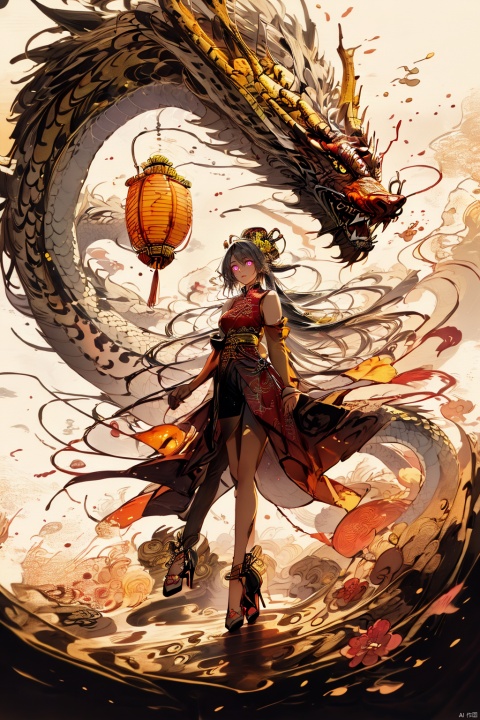  Chinese dragon, (peeks out), soaring in the sky, 1 girl,white hair,white pantyhose,long and majestic dragon body, highest quality, masterpiece, epic beauty,Outdoor, (Macaron color :1.2), Ancient Chinese architecture, Tower Pavilion, Terrace, Flying in the Sky, Majestic, Dreamlike style, Chinese Architecture, Sunset, cloud tops, verdant, peach blossoms, textured skin, Super detail, best quality, visual art, God beast, ink paniting, white pantyhose, 1girl,high_heels,yellow_footwear,pencil_skirt,white_footwear