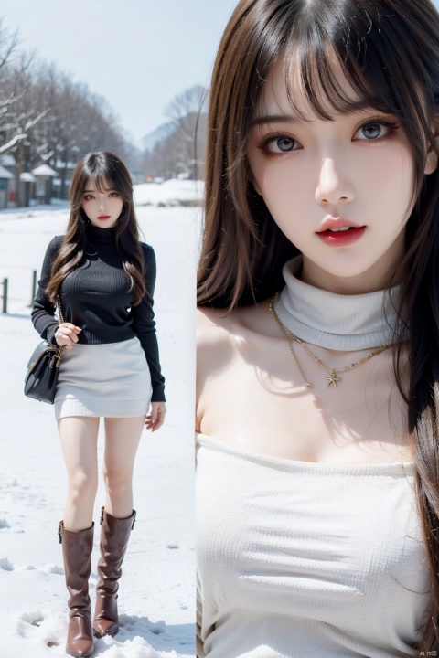  A 20-year-old girl wearing (red turtleneck knitted sweater) and (long leather boots) has a full-body lens, full-body photo, thin legs, slender figure, hourglass figure, extremely beautiful and delicate, (light makeup), brown hair, sweet smile, delicate and white skin, realistic, delicate and complete facial features, detailed facial depiction, Qiong nose and vermilion lips, soft and smooth hair, soft temperament, face lighting, realism, 8K picture quality, extreme details, master works, beautiful, pure desire, beautiful, 8k resolution, facing the middle scene of the camera, walking in the snow, 1girl,skirt,handbag,hand_on_hip,underwear,jacket