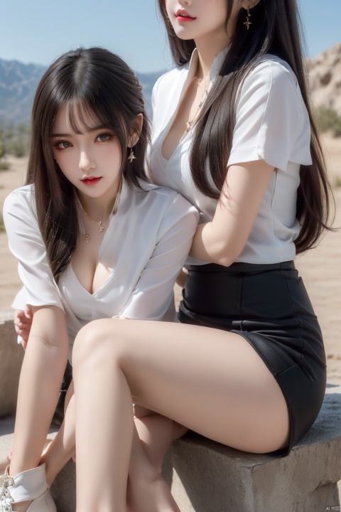  (2_girls::1.7),twins,kind smile, ((close-up)),Masterpiece,best quality,Highest picture quality,ultra-detailed,top quality,two girls driving a motorcycle,bare long leg,desert background, yhmotorbike,moyou,wangyushan, ((poakl)), 1girl,high_heels,yellow_footwear,long_hair,black_hair,pencil_skirt