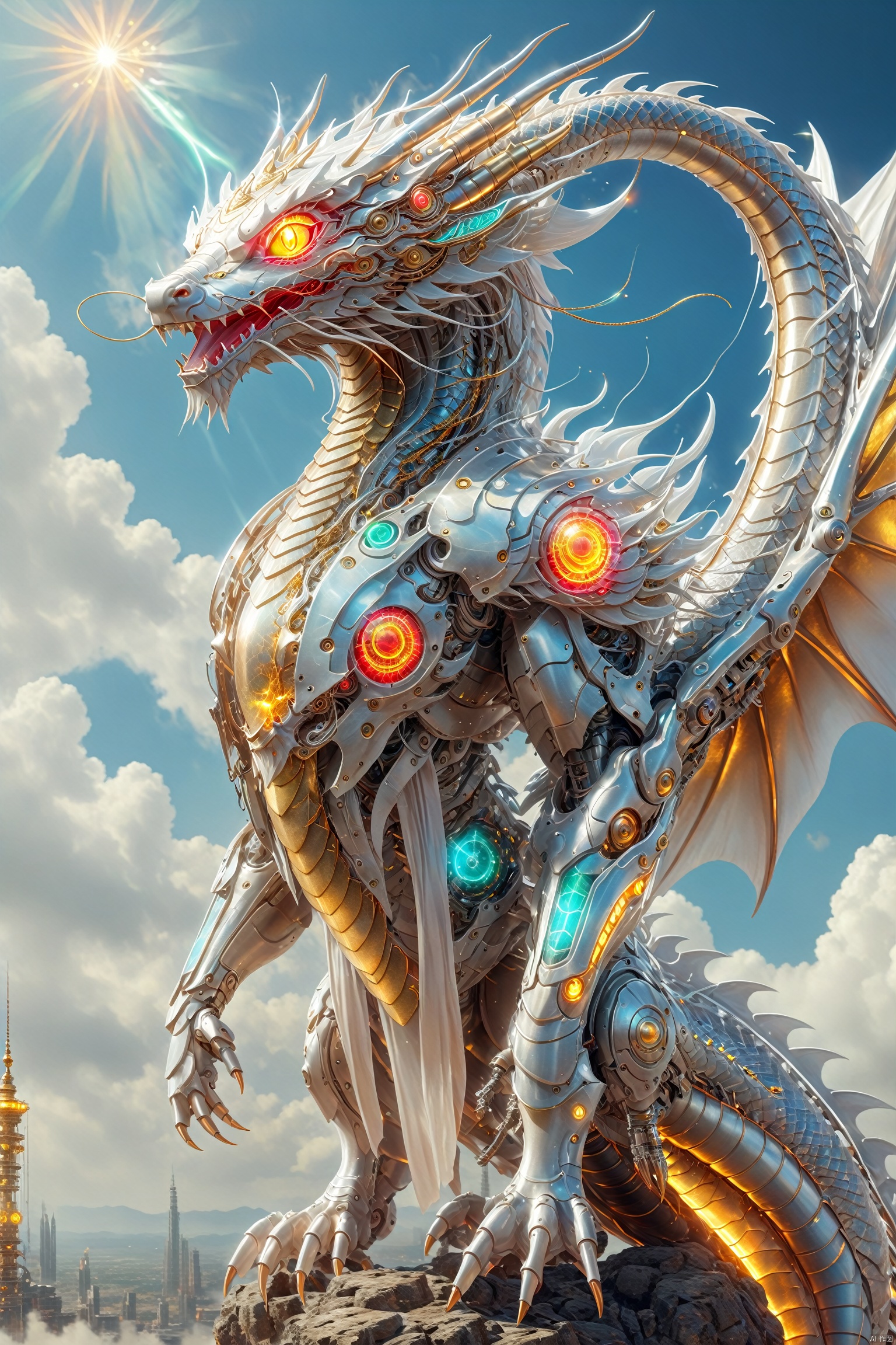  A huge cyberpunk style dragon is flying in the sky, its body made of metal and machinery, shining with golden light. Its wings spread out, as if flying in the clouds. The dragon's eyes emit a laser, giving people a mysterious and powerful feeling. High definition, clear and realistic painting art