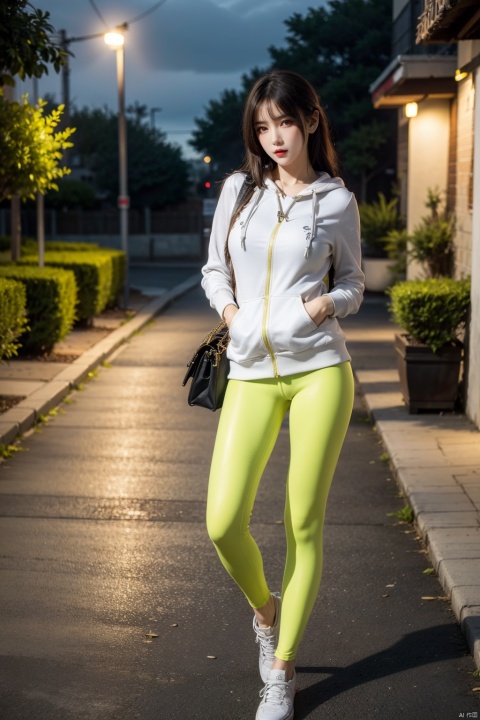  1girl, solo, (best quality, masterpiece, ultra-high resolution, 4K, HDR, UHD, 64K, official art), (photorealistic:1.3, realistic:1.3), (Golden hour),(road, street lamp, neon lights, river), (Canon RF 85mm f/1.2L 85mm),floating hair, long hair, brown hair,long legs,(full body:1.3), (busty:1.2),(standing:1.3), (large breasts:1.3), facing viewer, (long buttoned hoodie:1.2), ([canary]canary_leggings:1.2), (running shoes), (school bag:1.2),(sex pose, seductive pose), blue white uniform,high_heels,skirt,yellow_footwear,black_hair,long_hair