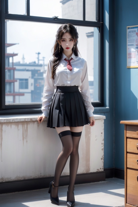  1girl, solo, long hair, breasts, looking at viewer, bangs, skirt, shirt, black hair, thighhighs, long sleeves, brown eyes, school uniform, standing, full body, white shirt, pleated skirt, necktie, collared shirt, black thighhighs, indoors, black skirt, black footwear, high heels, zettai ryouiki, window, chair, desk, high-waist skirt, shirt tucked in, classroom, school desk, chalkboard, realistic, , lihanyi, yue , hair ornament , hanfu, yunyun,wings,pencil_skirt,yellow_footwear,high_heels,long_hair,black_hair