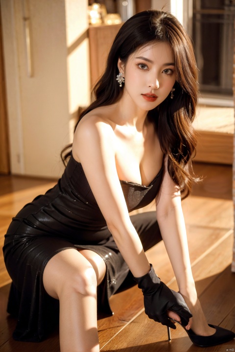  1girl,qianjin,(8k, RAW photo, best quality, masterpiece:1.3),(realistic,photo-realistic:1.37),(looking at viewer:1.331),soft light,extremely beautiful face,Random hairstyle,Random expression,big eyes,an extremely delicate and beautiful girl,depth of field,blurry background,blurry foreground,delicate,beautiful,beautiful face,beautiful eyes,beautiful girl,delicate face,delicate girl,8k wallpaper,(best quality:1.12),(detailed:1.12),(intricate:1.12),(ultra-detailed:1.12),(highres:1.12),hyper detailed,ultra-detailed,high resolution illustration,colorful,8k wallpaper,highres,Cinematic light,ray tracing,(8k, RAW photo, best quality, masterpiece, ultra highres, ultra detailed:1.2),(realistic, photo-realistic:),formal_dress,red dress,cowboy_shot,jewelry,earrings,necklace,dress,long hair,breasts,cleavage,blurry,bare shoulders,parted lips,black dress,red lips,black hair,pearl necklace,looking at viewer,blurry background,strapless dress,strapless,lips,tiara,medium breasts,upper body,lipstick,indoors,makeup,depth offield,gloves,realistic,, qianjin,yellow_footwear,high_heels,pencil_skirt,police,high heels