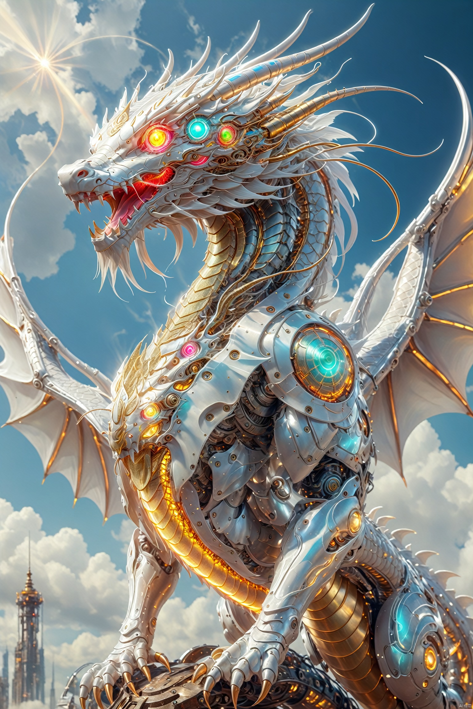  A huge cyberpunk style dragon is flying in the sky, its body made of metal and machinery, shining with golden light. Its wings spread out, as if flying in the clouds. The dragon's eyes emit a laser, giving people a mysterious and powerful feeling. High definition, clear and realistic painting art