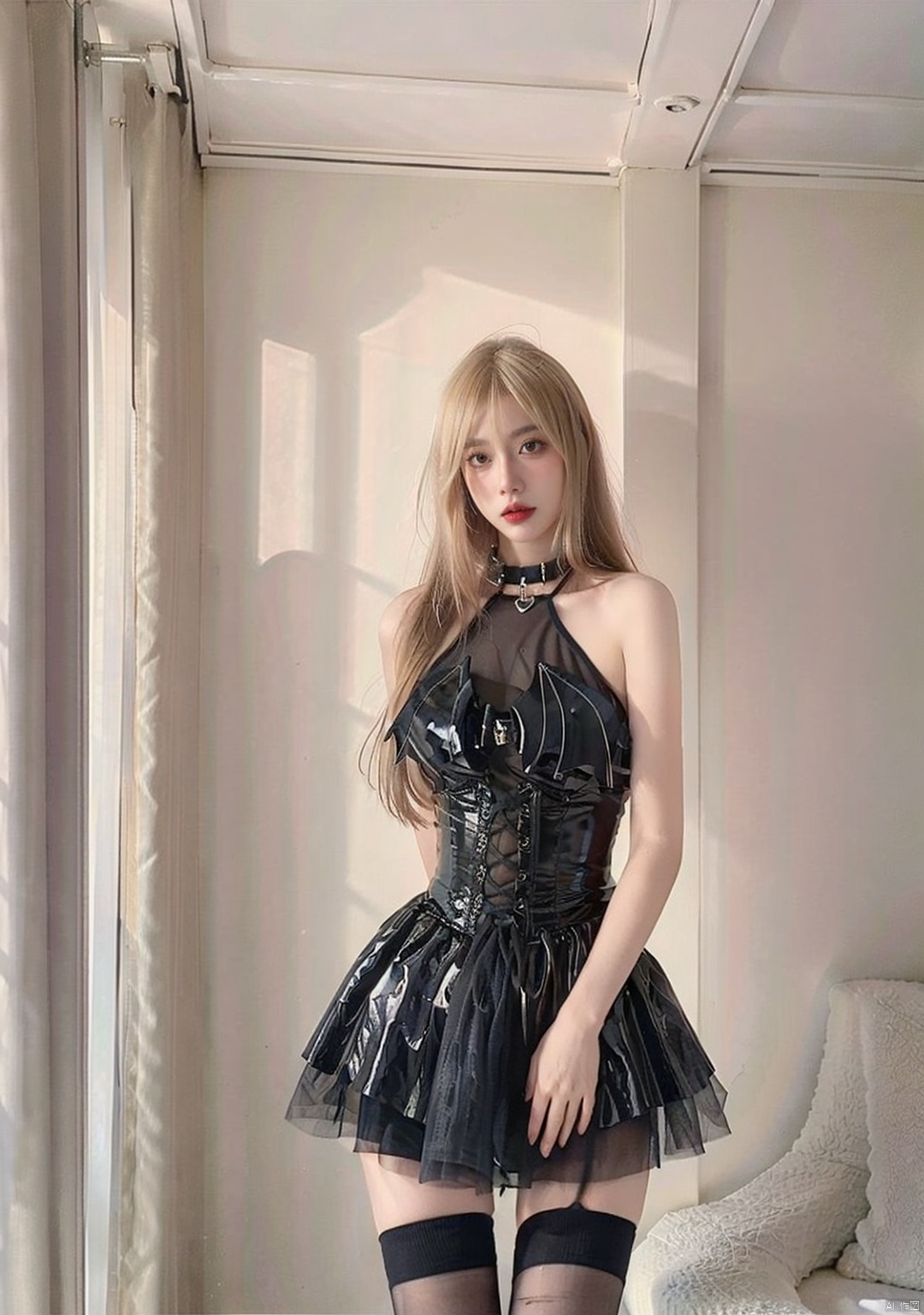  1gilr,(masterpiece:1.3),(best quality:1.3),(photorealistic:1.4),realistic,4k,(((blonde hair))),(upper body,selfie),nsfw,milf,detail face,detail eyes,indoors,bedroom,big breasts,((black dress,thighhighs)),((short dress)),patent leatherdress