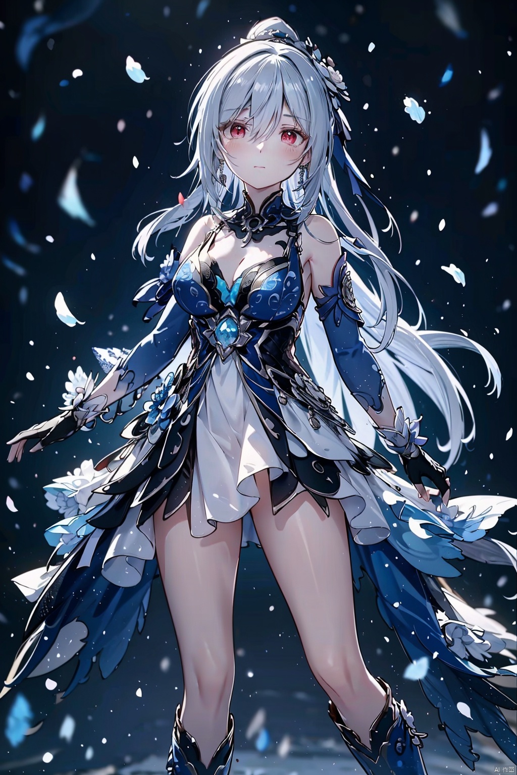  jingliu,long hair,earrings,blue-white hair,white hair,grey hair,red eyes,bangs,ponytail,blush,single earring,hair between eyes,hair ornament, jewelry,gloves,dress,blue dress,breasts,black gloves,fingerless gloves,clothing cutout,cleavage cutout,boots,closed mouth,cleavage,bare shoulders,detached sleeves,medium breasts,flower on the arm,armor,bare legs, backlight