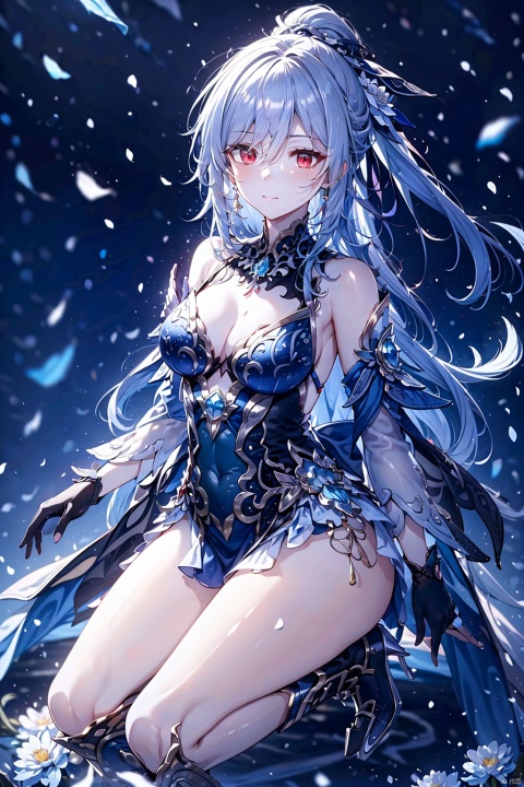  jingliu,long hair,earrings,blue-white hair,white hair,grey hair,red eyes,bangs,ponytail,blush,single earring,hair between eyes,hair ornament, jewelry,gloves,dress,blue dress,breasts,black gloves,fingerless gloves,clothing cutout,cleavage cutout,boots,closed mouth,cleavage,bare shoulders,detached sleeves,medium breasts,flower on the arm,armor,bare legs,