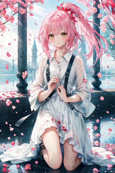  1girl,Pink hair,Yellow eyes, ,high ponytail,white collared shirt,hair flower,fipped hair,floating hair,Frown,hands in pockets, kneeling on lake, blood, (plenty of red petals:1.35), (white background:1.5), (English text),


 Highest picture quality, masterpiece, exquisite CG, exquisite and complicated hair accessories, big watery eyes, highlights, natural light, Super realistic, cinematic lighting texture, absolutely beautiful, 3D max, vray, c4d, ue5, corona rendering, redshift, octane rendering, （Show whole body）, （all body）, a girl