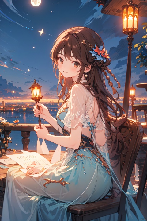  1girl, aerial_fireworks, bangs, brown_eyes, brown_hair, building, city, city_lights, cityscape, closed_mouth, earrings, fireworks, full_moon, holding, jewelry, lamppost, lantern, long_hair, looking_at_viewer, moon, night, night_sky, outdoors, paper_lantern, shooting_star, short_sleeves, sitting, sky, skyline, skyscraper, smile, solo, star_\(sky\), starry_sky, tanabata, tanzaku, yeqinxian,brown hair, (\shen ming shao nv\)