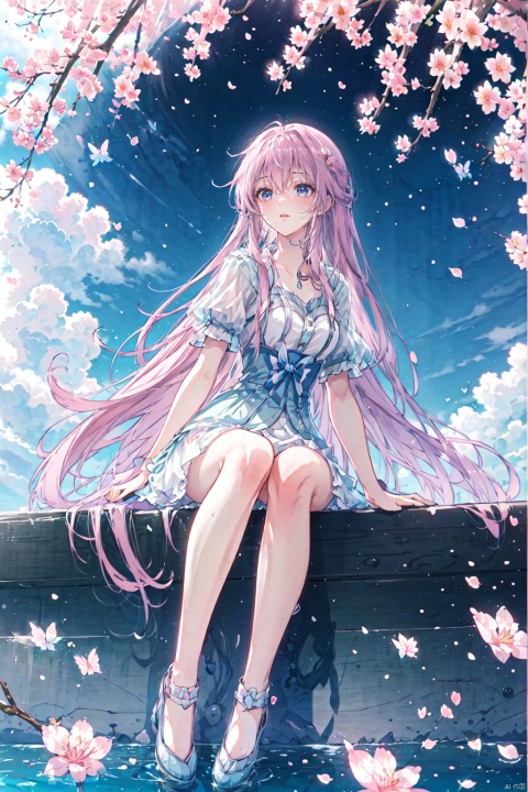  1girl,[sitting under the sakura tree,knee up], (from below,wide shot,mid shot,full body,panorama,depth of field),(looking up),(pink petals,tyndall effect,English text), backlight, a girl