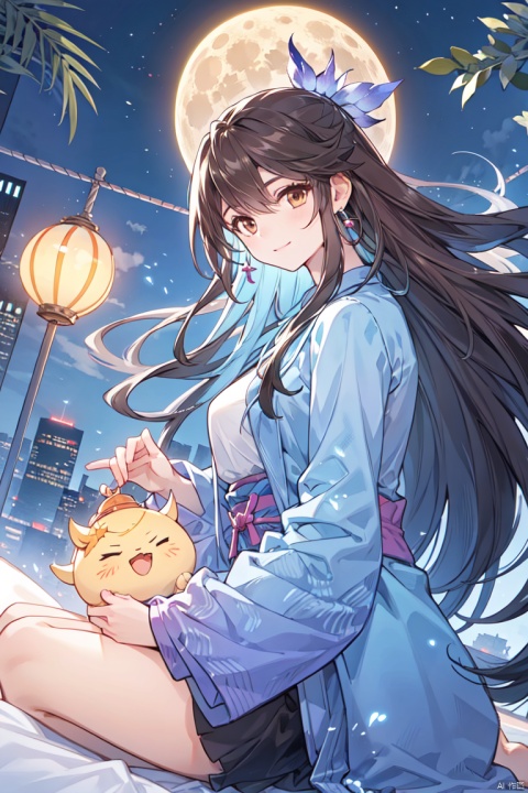  1girl, aerial_fireworks, bangs, brown_eyes, brown_hair, building, city, city_lights, cityscape, closed_mouth, earrings, fireworks, full_moon, holding, jewelry, lamppost, lantern, long_hair, looking_at_viewer, moon, night, night_sky, outdoors, paper_lantern, shooting_star, short_sleeves, lying in bed, sky, skyline, skyscraper, smile, solo, star_\(sky\), starry_sky, tanabata, tanzaku, yeqinxian, lactation,brown hair, a girl, bachong, hat, coat, multicolored hair, blue hair, white hair, backlight, houtufeng