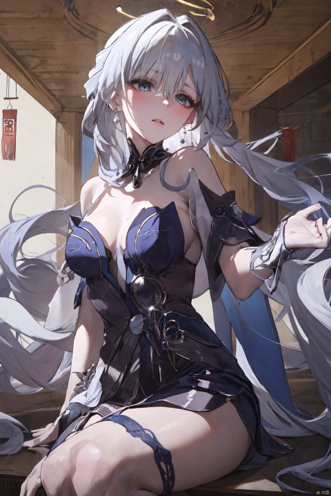  A girl, bust, Chinese style, white pantyhose
,fine fabric emphasis,stand,black garter belt,jingliu,{jingliu},white hair,long hair,ponytail,hair ribbon, earrings, jewelry, blue dress,bare shoulders, detached sleeves,
