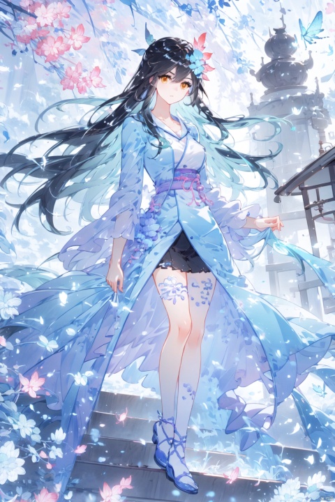  1girl,mint hair,orange eyes,clover hair ornament,long hair,disheveled hair,messy hair,plum blossoms,blue pajamas,branch,dragonfly,full body,mismatched legwear, white legwear, black legwear,pantyhose, xinniang, backlight, black pantyhose, white pantyhose, vibrantProj, cute girl, Flower Tunnel