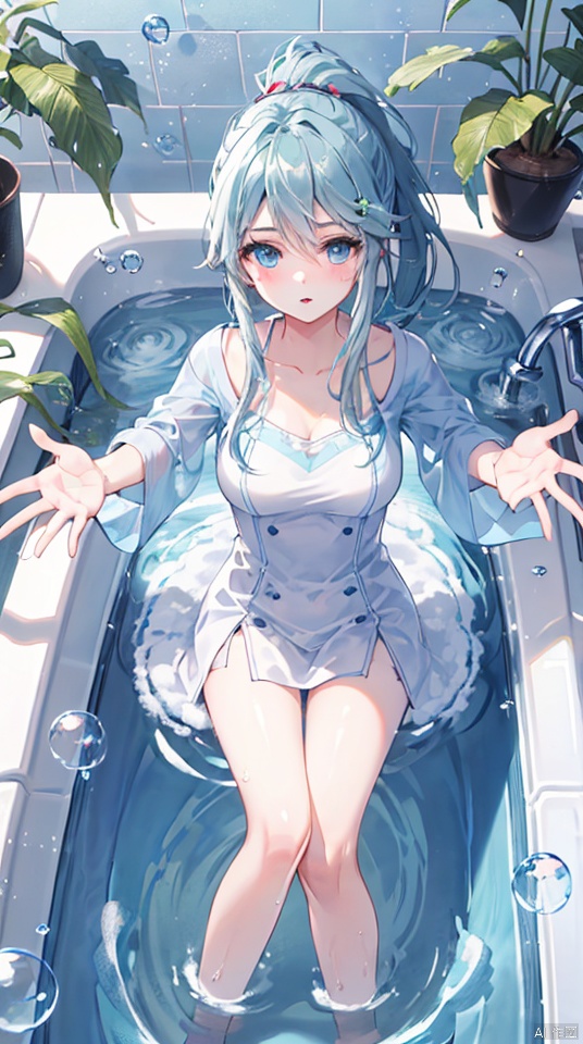  1girl, bathtub, solo, long hair, looking at viewer, window, white hair, bathing, indoors, water, soap bubbles, plant, bathroom, outstretched arms, bubble, bath, towel, blue eyes, ponytail, tiles, soap bottle, bangs, tile wall, potted plant, faucet, partially submerged, wet, blush, from above, parted lips, aqua eyes, yeqinxian