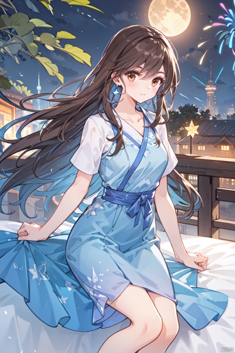  1girl, aerial_fireworks, bangs, brown_eyes, brown_hair, building, city, city_lights, cityscape, closed_mouth, earrings, fireworks, full_moon, holding, jewelry, lamppost, lantern, long_hair, looking_at_viewer, moon, night, night_sky, outdoors, paper_lantern, shooting_star, short_sleeves, lying in bed