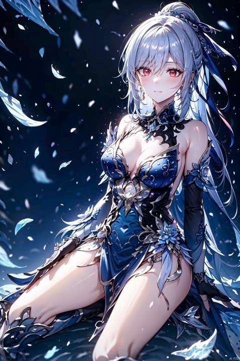 jingliu,long hair,earrings,blue-white hair,white hair,grey hair,red eyes,bangs,ponytail,blush,single earring,hair between eyes,hair ornament, jewelry,gloves,dress,blue dress,breasts,black gloves,fingerless gloves,clothing cutout,cleavage cutout,boots,closed mouth,cleavage,bare shoulders,detached sleeves,medium breasts,flower on the arm,armor,bare legs, 