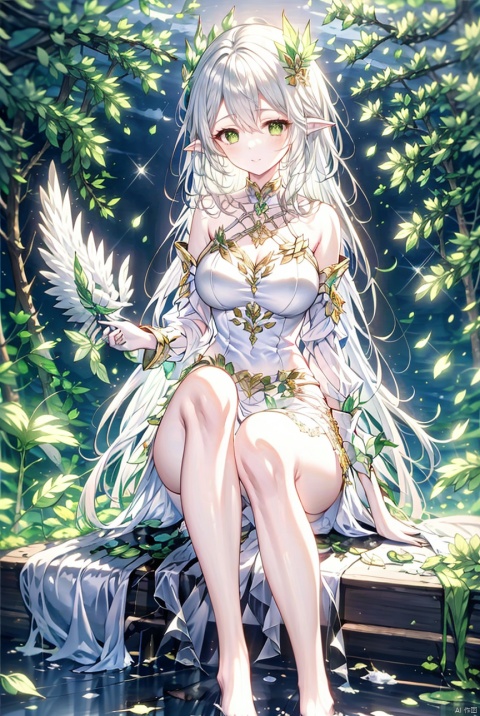 1girl, solo, long hair, breasts, looking at viewer, smile, bangs, hair ornament, dress, hair between eyes, bare shoulders, sitting, closed mouth, green eyes, white hair, outdoors, detached sleeves, pointy ears, white dress, lips, watermark, elf, leaf hair ornament,whole body,long legs