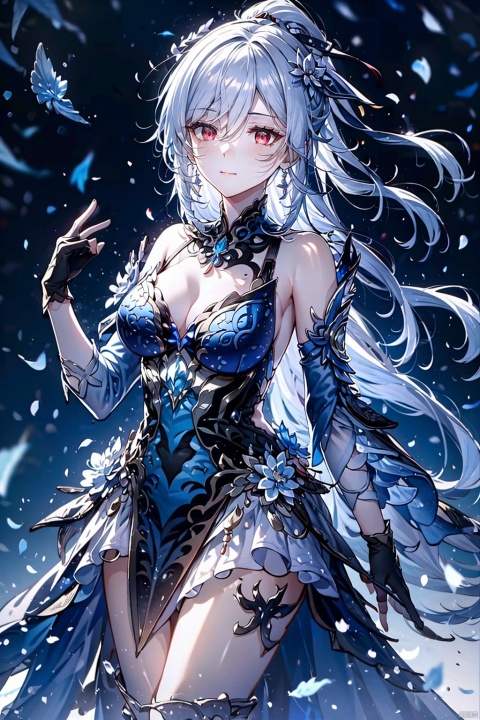  jingliu,long hair,earrings,blue-white hair,white hair,grey hair,red eyes,bangs,ponytail,blush,single earring,hair between eyes,hair ornament, jewelry,gloves,dress,blue dress,breasts,black gloves,fingerless gloves,clothing cutout,cleavage cutout,boots,closed mouth,cleavage,bare shoulders,detached sleeves,medium breasts,flower on the arm,armor,bare legs, backlight