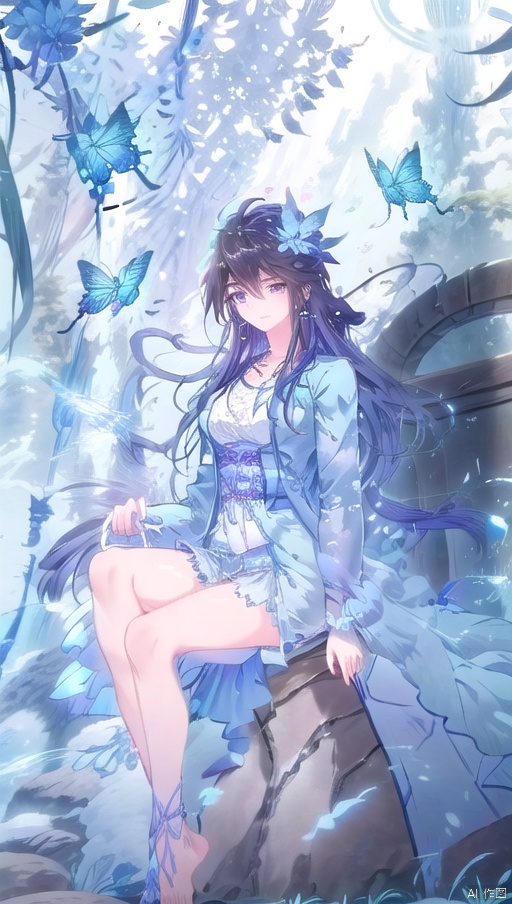  masterpiece, best quality, PIXIV,Focalors,Focalors, 1girl, barefoot, feet, soles, swing, gloves, toes, thigh strap, solo, long hair, sitting, blue flower, hat, ahoge, flower, long sleeves, legs, chain, white gloves, looking at viewer, bare legs, jacket, full body, very long hair, blue jacket, butterfly, bug, thighs, bangs, jewelry, earrings, blue headwear, shorts, closed mouth, hat flower, blue rose, outdoors, holding, foot focus, figure four sitting,