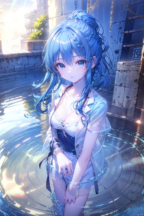  masterpiece,(an extremely detailed and delicate),(labcoat),ray tracing,(loli),(solo),(petite),Reflected light,(blue hair)++(blue eyes)++Messy hair++Flipped hair++floating hair++(braid),large breasts,(very Brilliant brilliance),(very detailed light),(Beautiful Lighting), yeqinxian