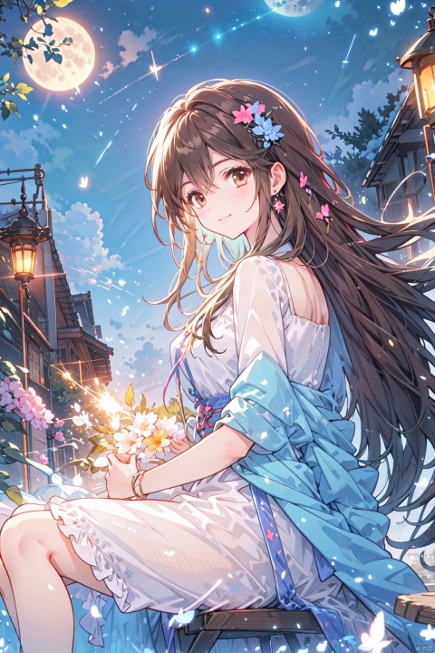  1girl, aerial_fireworks, bangs, brown_eyes, brown_hair, building, city, city_lights, cityscape, closed_mouth, earrings, fireworks, full_moon, holding, jewelry, lamppost, lantern, long_hair, looking_at_viewer, moon, night, night_sky, outdoors, paper_lantern, shooting_star, short_sleeves, sitting, sky, skyline, skyscraper, smile, solo, star_\(sky\), starry_sky, tanabata, tanzaku, yeqinxian
