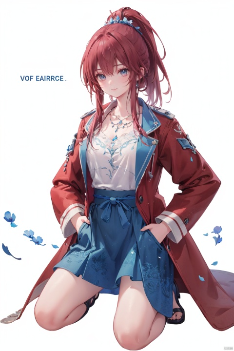  1girl,Pink hair,Yellow eyes, (red Jacket),high ponytail,white collared shirt,hair flower,fipped hair,floating hair,Frown,hands in pockets, kneeling on lake, blood, (plenty of blue petals:1.35), (white background:1.5), (English text),


 Highest picture quality, masterpiece, exquisite CG, exquisite and complicated hair accessories, big watery eyes, highlights, natural light, Super realistic, cinematic lighting texture, absolutely beautiful, 3D max, vray, c4d, ue5, corona rendering, redshift, octane rendering, （Show whole body）, （all body）,