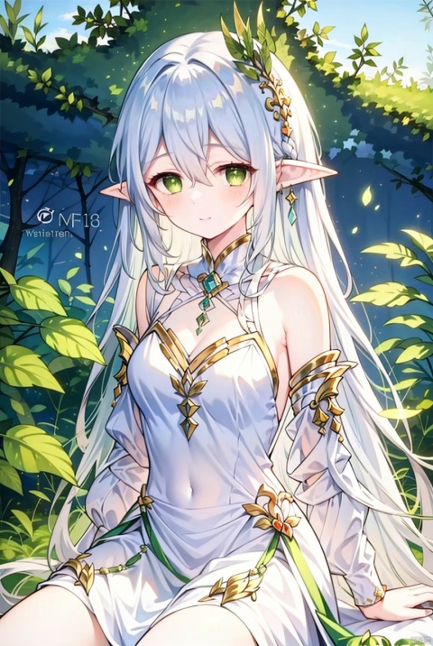 1girl, solo, long hair, breasts, looking at viewer, smile, bangs, hair ornament, dress, hair between eyes, bare shoulders, sitting, closed mouth, green eyes, white hair, outdoors, detached sleeves, pointy ears, white dress, lips, watermark, elf, leaf hair ornament,whole body