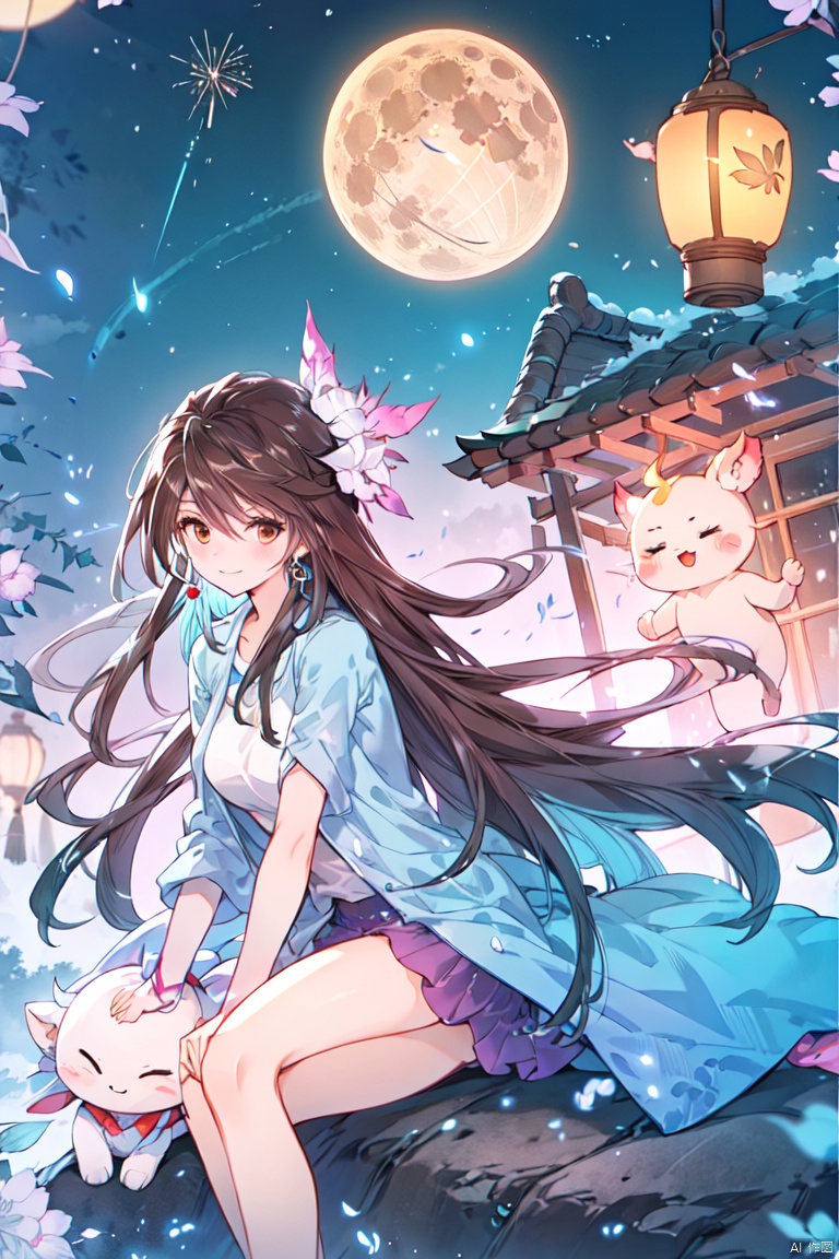  1girl, aerial_fireworks, bangs, brown_eyes, brown_hair, building, city, city_lights, cityscape, closed_mouth, earrings, fireworks, full_moon, holding, jewelry, lamppost, lantern, long_hair, looking_at_viewer, moon, night, night_sky, outdoors, paper_lantern, shooting_star, short_sleeves, sitting, sky, skyline, skyscraper, smile, solo, star_\(sky\), starry_sky, tanabata, tanzaku, yeqinxian, lactation,brown hair, a girl, bachong, hat, coat, multicolored hair, blue hair, white hair, backlight, houtufeng