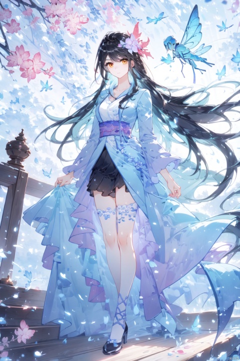  1girl,mint hair,orange eyes,clover hair ornament,long hair,disheveled hair,messy hair,plum blossoms,blue pajamas,branch,dragonfly,full body,mismatched legwear, white legwear, black legwear,pantyhose, xinniang, backlight, black pantyhose, white pantyhose, vibrantProj, cute girl, Flower Tunnel