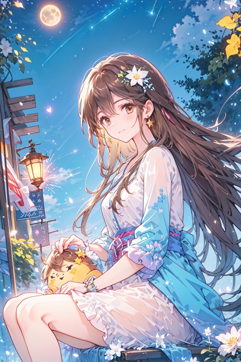  1girl, aerial_fireworks, bangs, brown_eyes, brown_hair, building, city, city_lights, cityscape, closed_mouth, earrings, fireworks, full_moon, holding, jewelry, lamppost, lantern, long_hair, looking_at_viewer, moon, night, night_sky, outdoors, paper_lantern, shooting_star, short_sleeves, sitting, sky, skyline, skyscraper, smile, solo, star_\(sky\), starry_sky, tanabata, tanzaku, yeqinxian