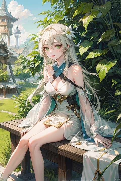 1girl, solo, long hair, breasts, looking at viewer, smile, bangs, hair ornament, dress, hair between eyes, bare shoulders, sitting, closed mouth, green eyes, white hair, outdoors, detached sleeves, white dress, lips, watermark, leaf hair ornament,whole body,long legs, yeqinxian, lora_eyes10, backlight